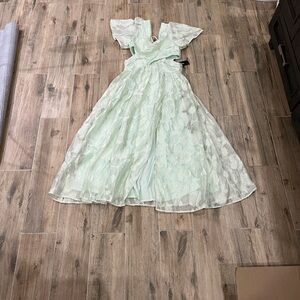 Lulu's Mint Green Flutter Sleeve Textured Dress with Lace-up Back Medium